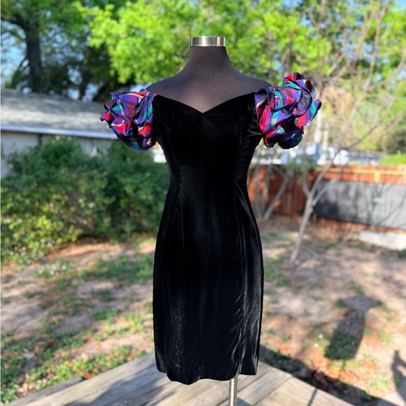 Vintage Dresses & Skirts - Vintage 80s Velvet Party Mini Dress Ruffled Sequin Sleeve
